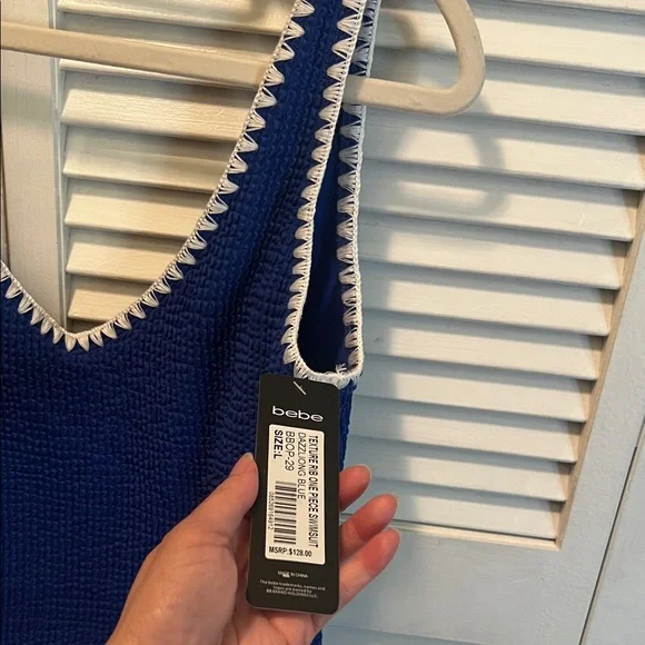 #1471+Bebe White Knit Strip & Blue Women’s One Piece Swimsuit - Picture 3 of 12